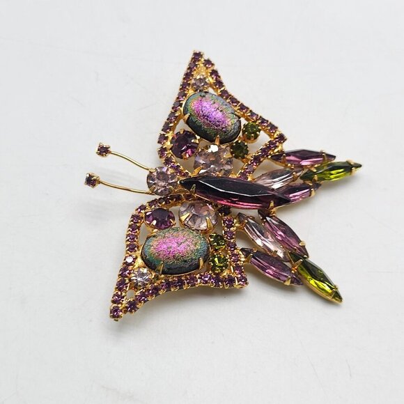 Vintage Purple Rhinestone Butterfly Brooch Pin Stippled Lava Stones - Picture 3 of 7
